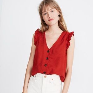 Linen-Blend Ruffle Button-Front Tank